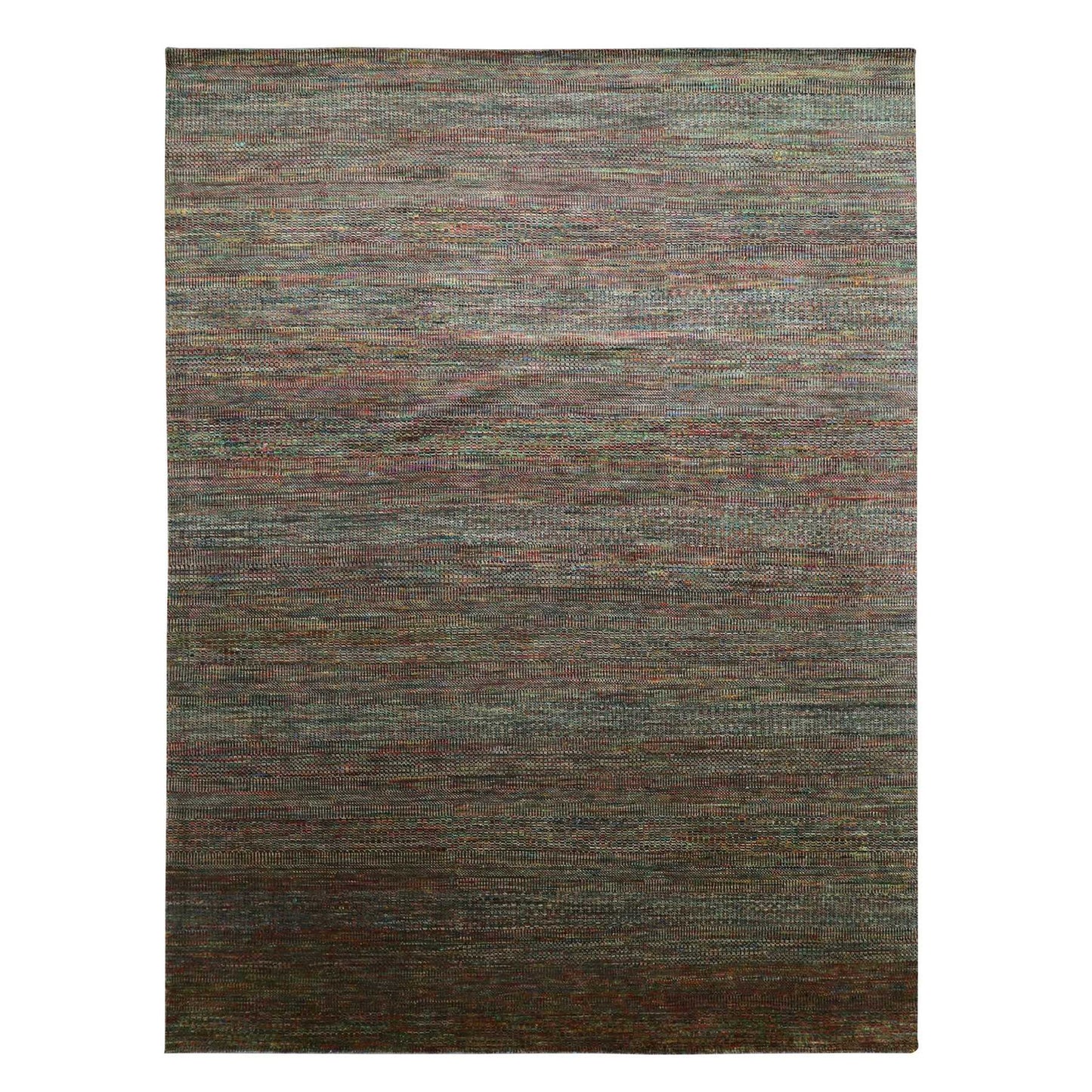 9'1"X12'2" Olive Green Wool And Silk Modern Grass Design Hand Knotted Rug
