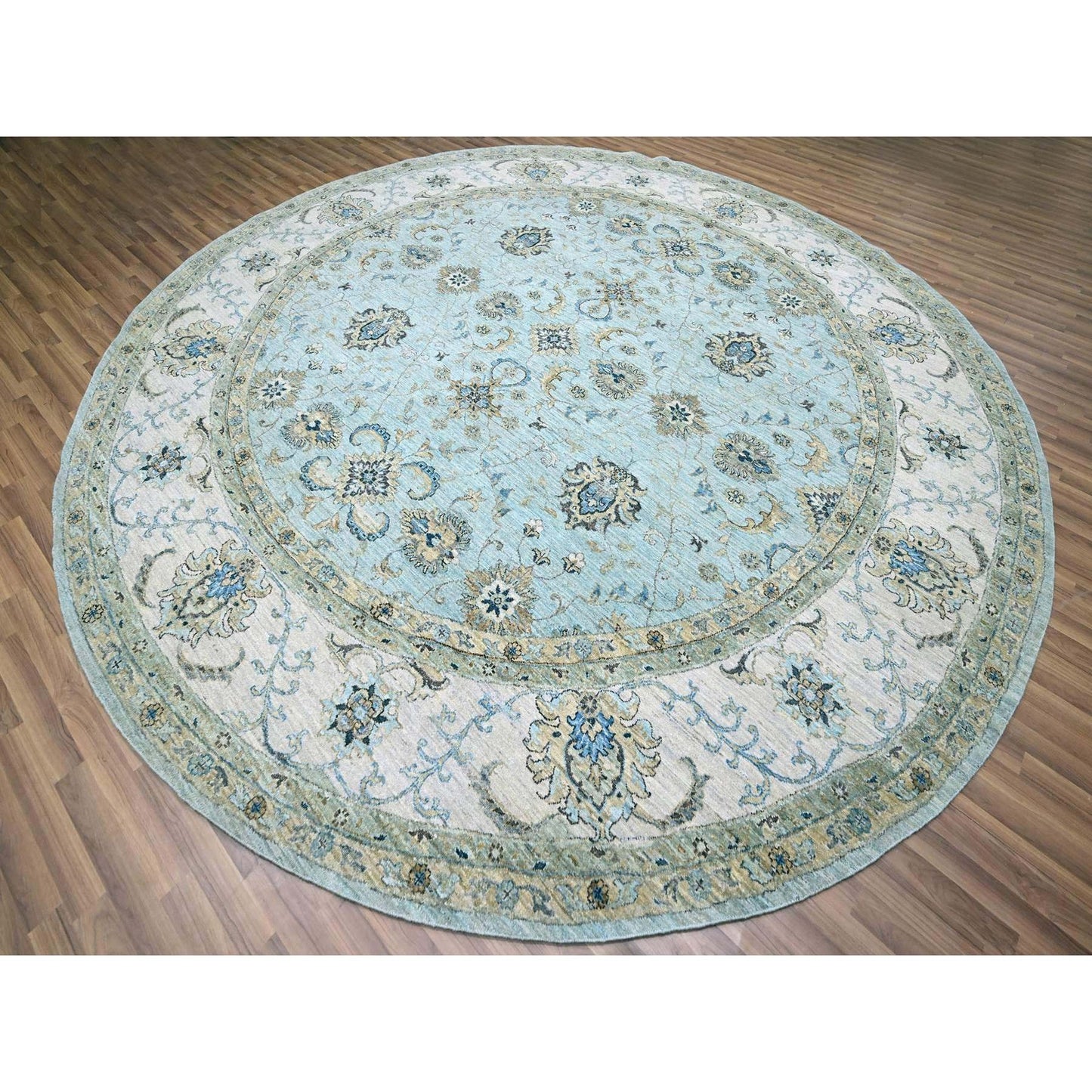 11'10"X11'10" Blue Shah Abbas Vines Design Hand Knotted Wool Round Rug