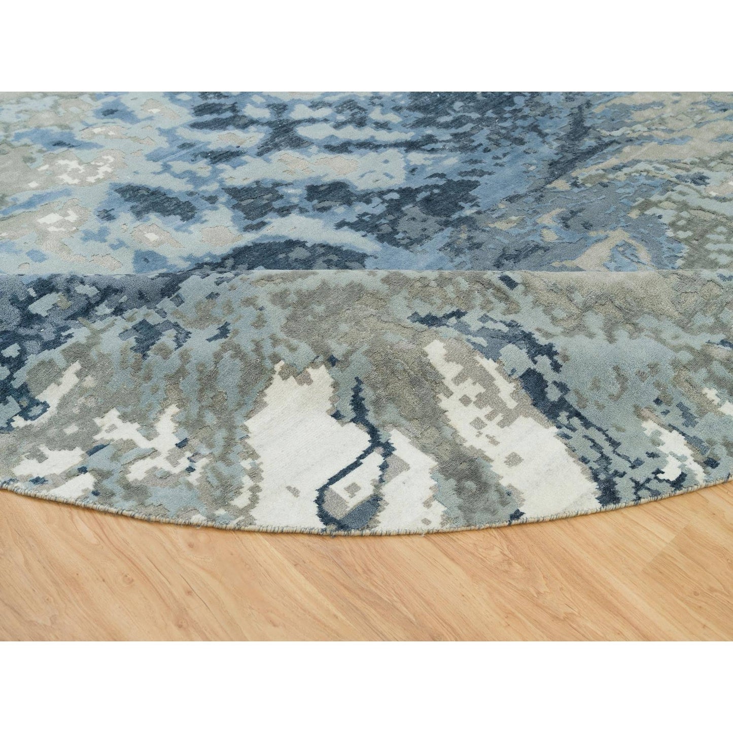 12'X12' Steel Blue Abstract Galaxy Wool And Silk Hand Knotted Round Rug