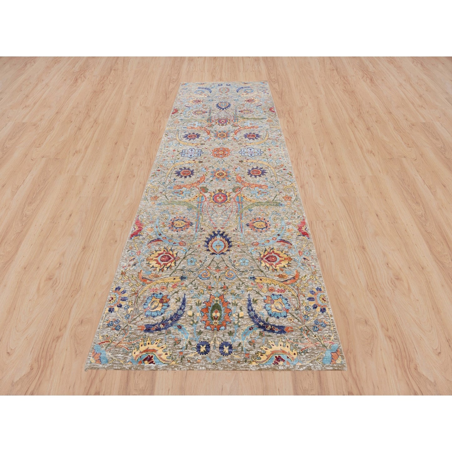 4'1"X12'2" Tan Sickle Design Silk And Wool Hand Knotted Wide Runner Rug