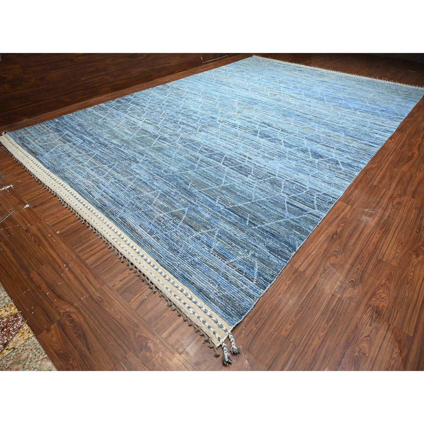 12'X18'5" Blue Hand Knotted Moroccan Inspired Wool Oversized Oriental Rug