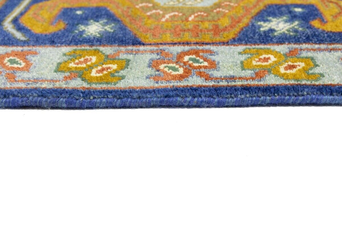 Navy Blue Geometric Tribal Kazak Rug Wool