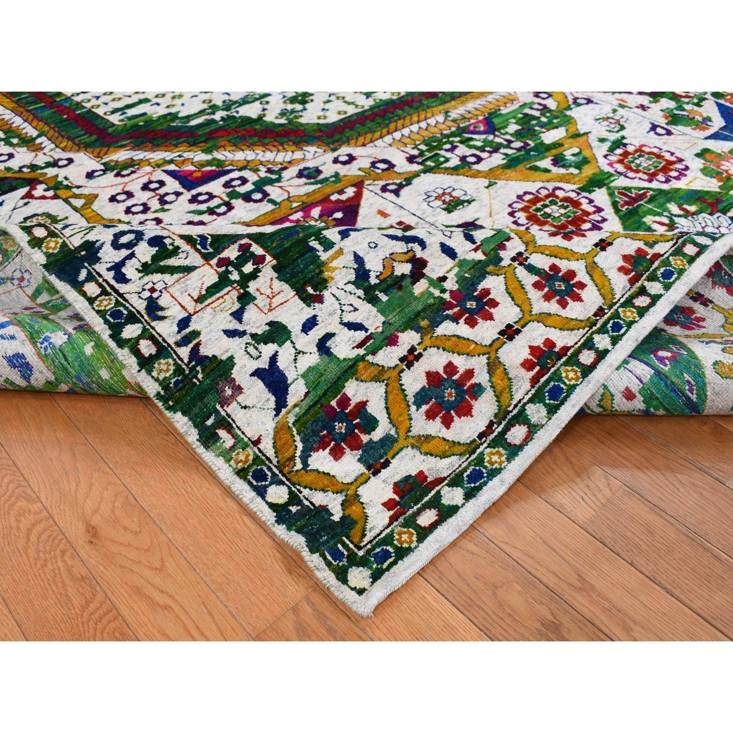 9'X12'1" Ivory Sari Silk Colorful Mamluk Design Hand Knotted Rug