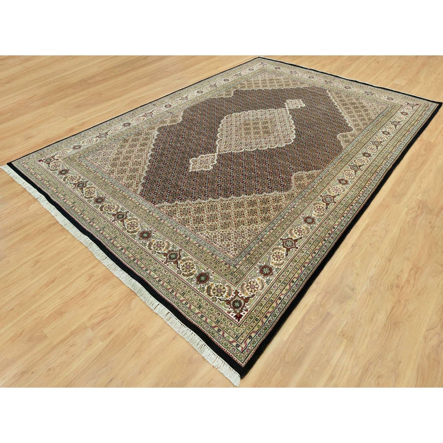 9'8"X14'2" Smoky Black Hand Knotted Wool Tebraz Mahi Fish Medallion Rug