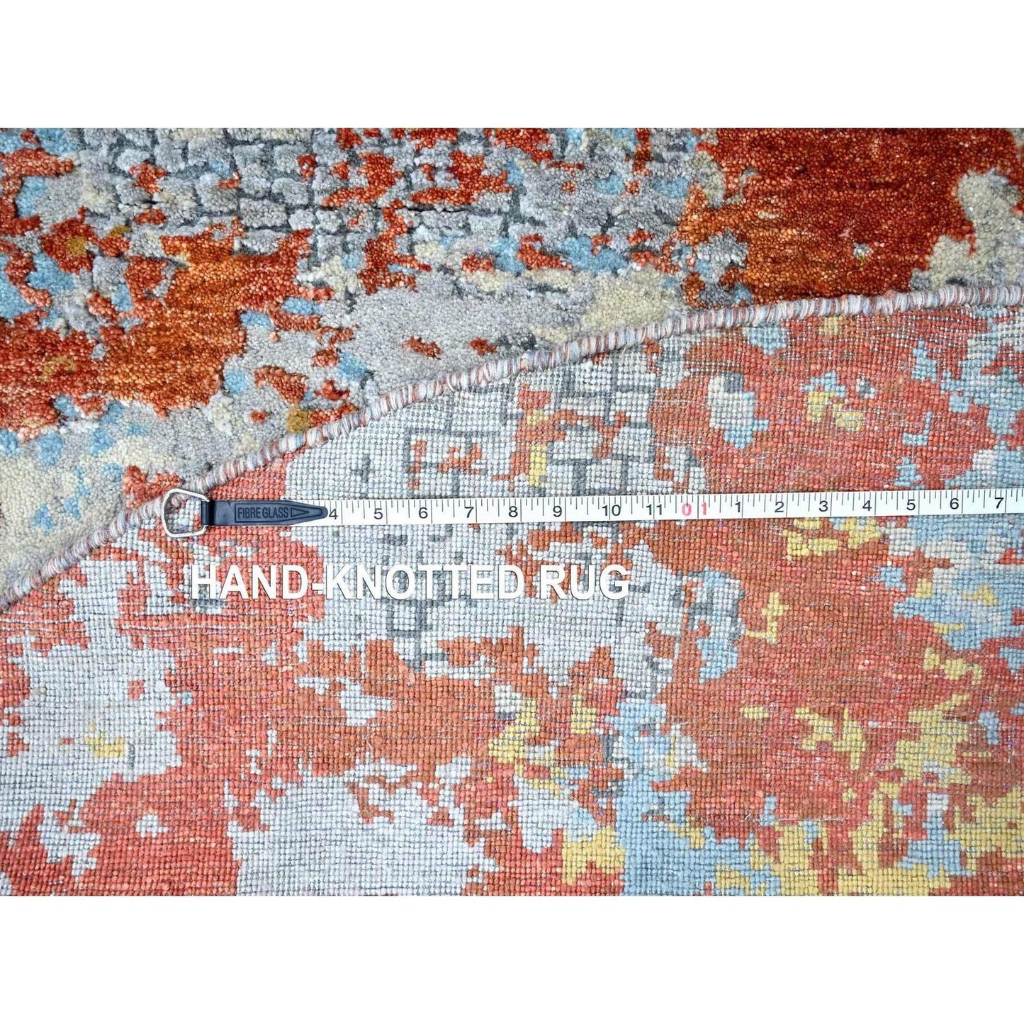 8'X8' Orange Abstract Mosaic Design Wool And Silk Hand Knotted Round Rug