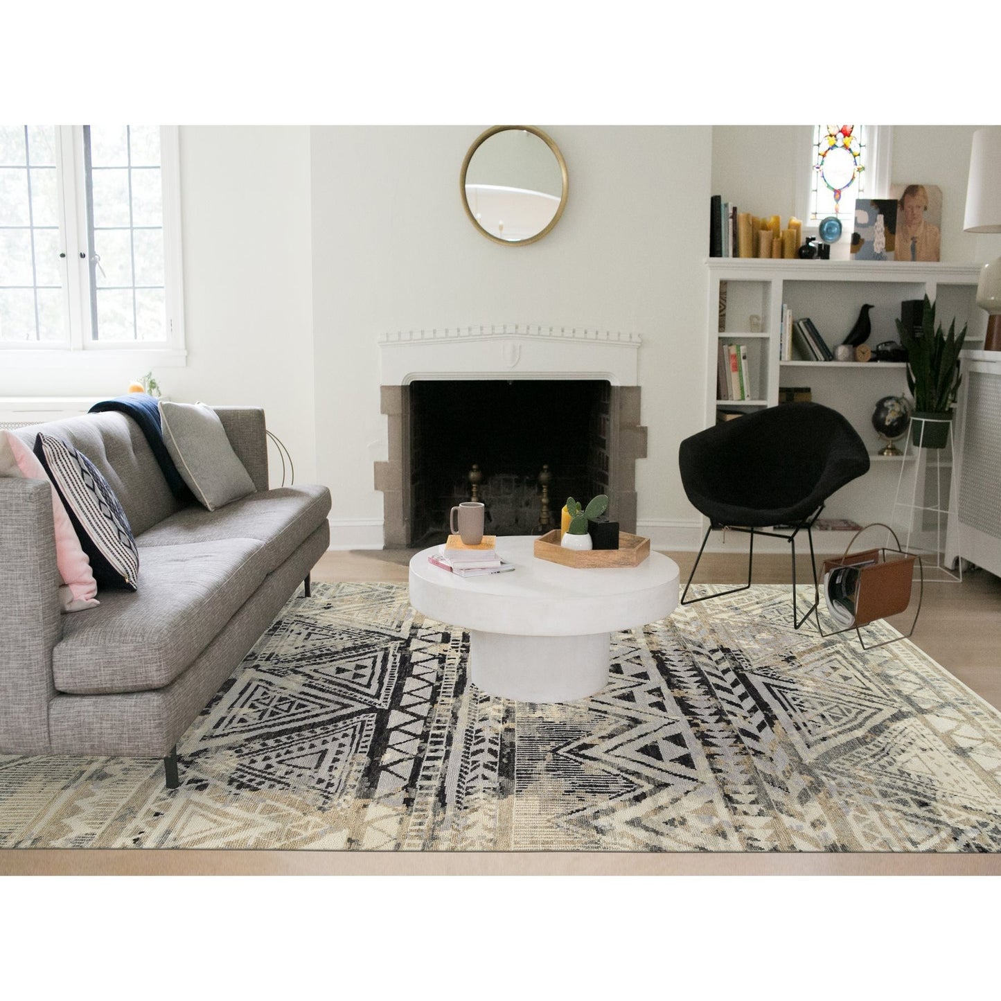 9'1"X12' Gray Erased Ethnic Geometric Design Wool Hand Knotted Rug