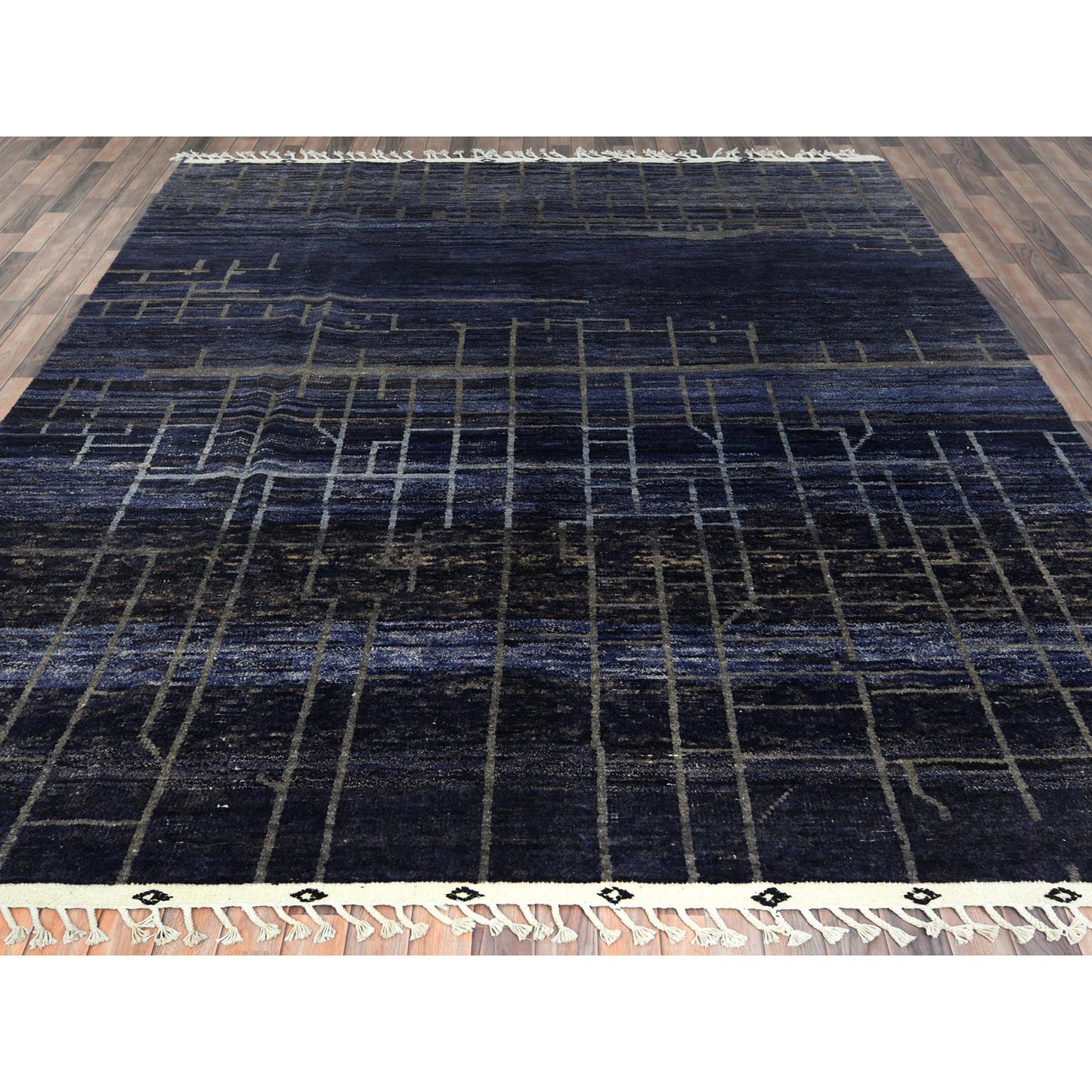 9'X12'5" Blue Hand Knotted Ben Ourain Moroccan Berber Soft Wool Rug