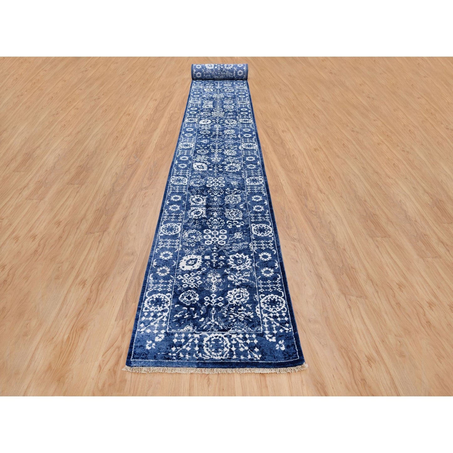 2'6"X23'10" Wool And Silk Blue Tebraz Hand Knotted Xl Runner Rug