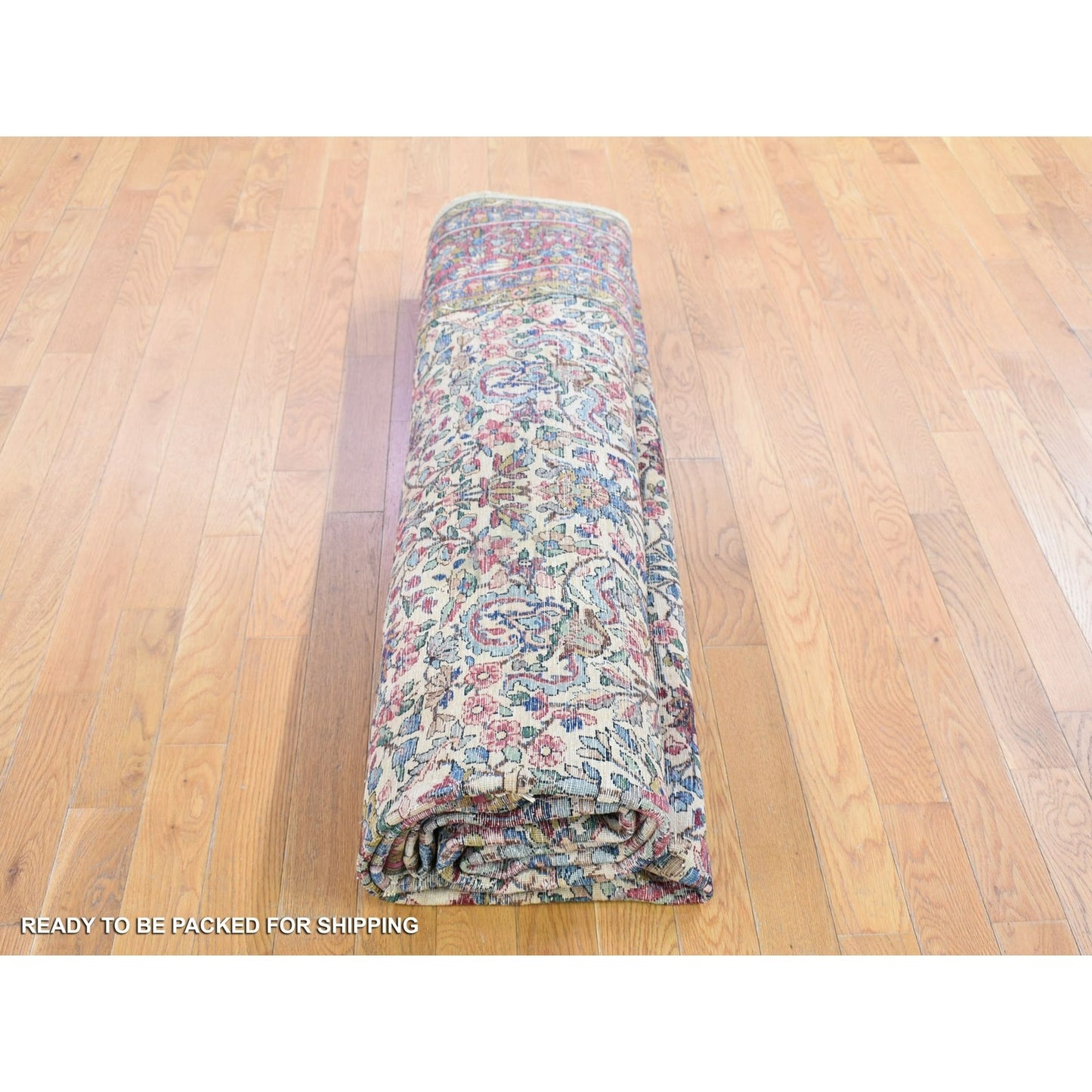 8'9"X11'3" Beige Antique Farsian Karman Distressed Hand Knotted Wool Rug