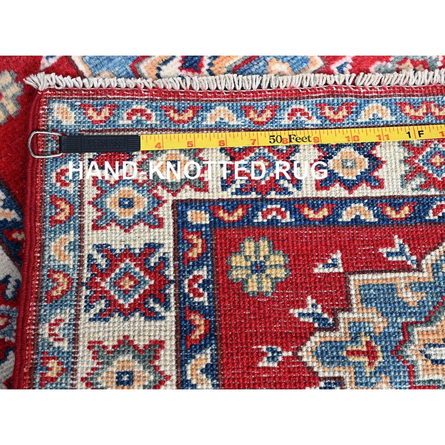2'2"X3' Red Kazak With Geometric Pattern Soft Wool Hand Knotted Mat Rug