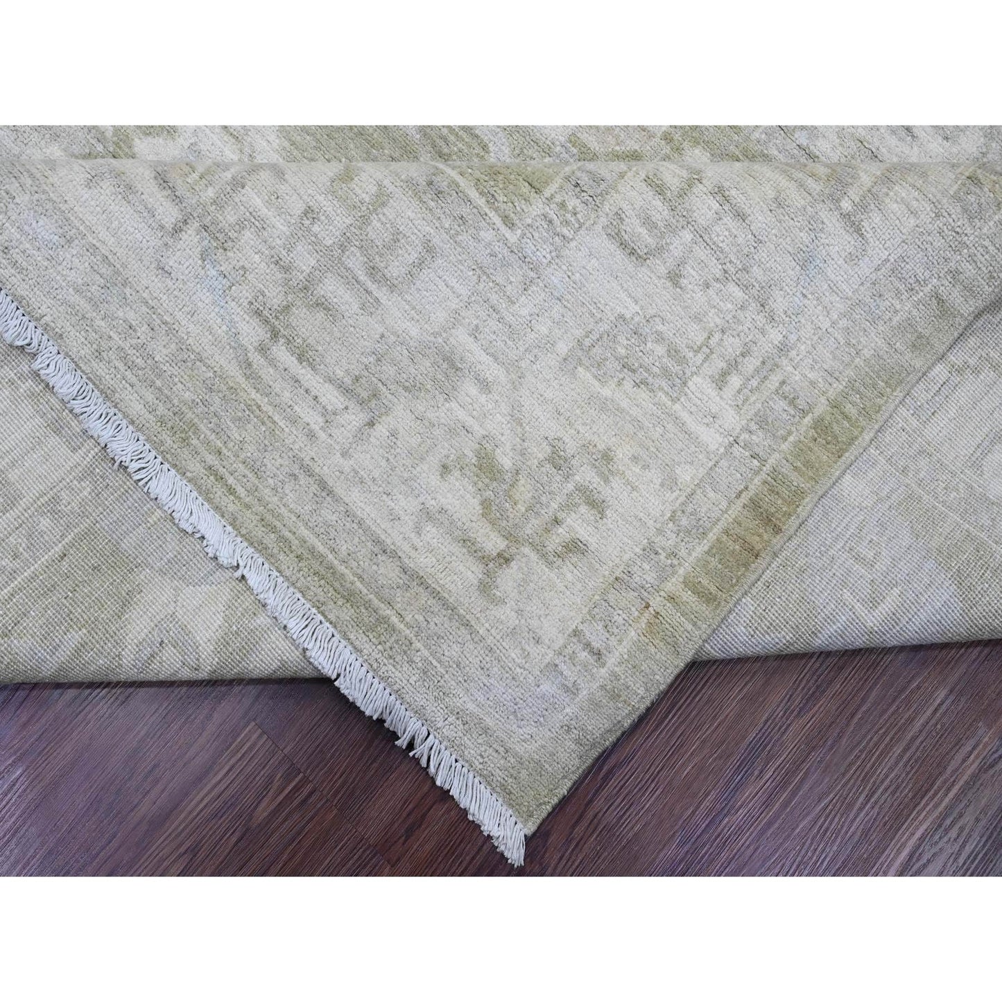 9'X11'9" Green Antiqued Peshawar Mahal Design Hand Knotted Pure Wool Rug