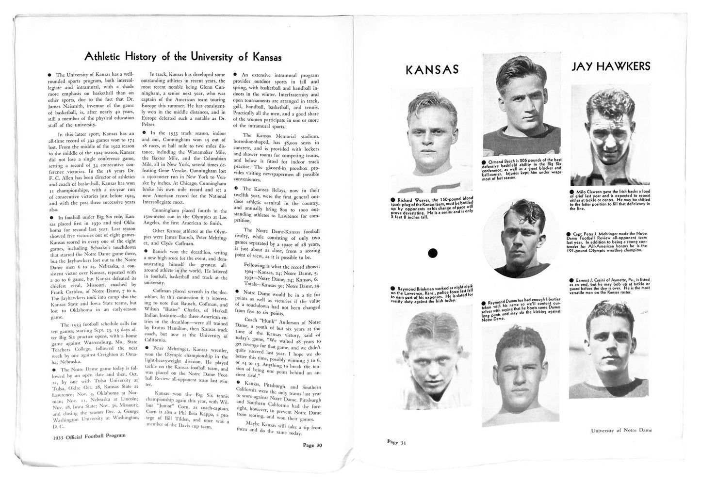 10/7/1933 Kansas Vs. Notre Dame College Program