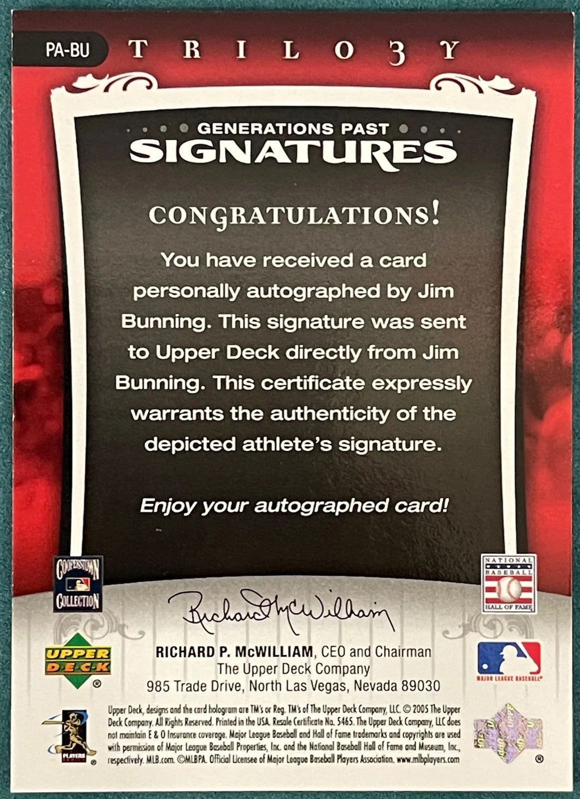 Jim Bunning Autographed 2005 Upper Deck Trilogy