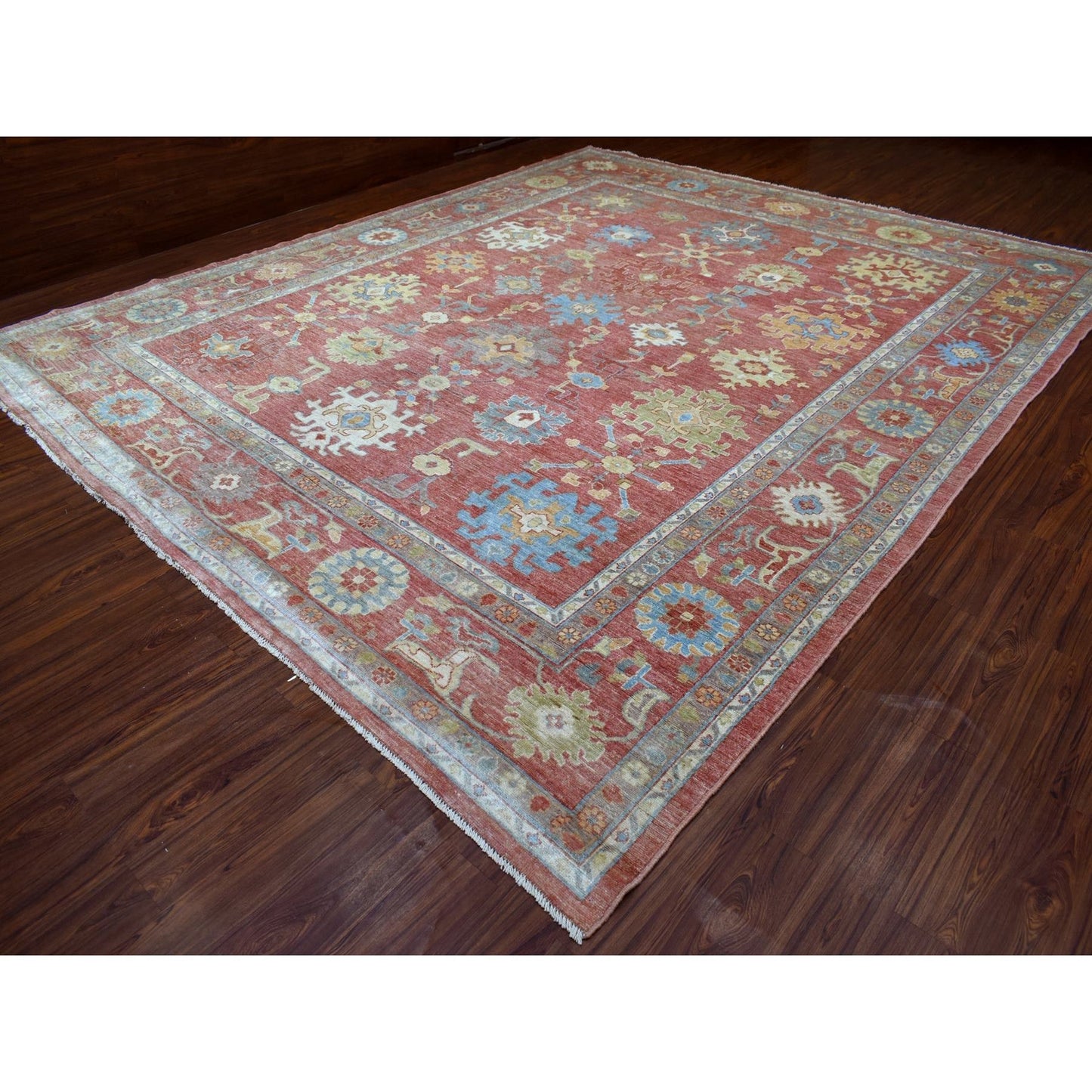 11'10"X14'3" Red Afghan Angora Oushak Wool Hand Knotted Oversized Rug