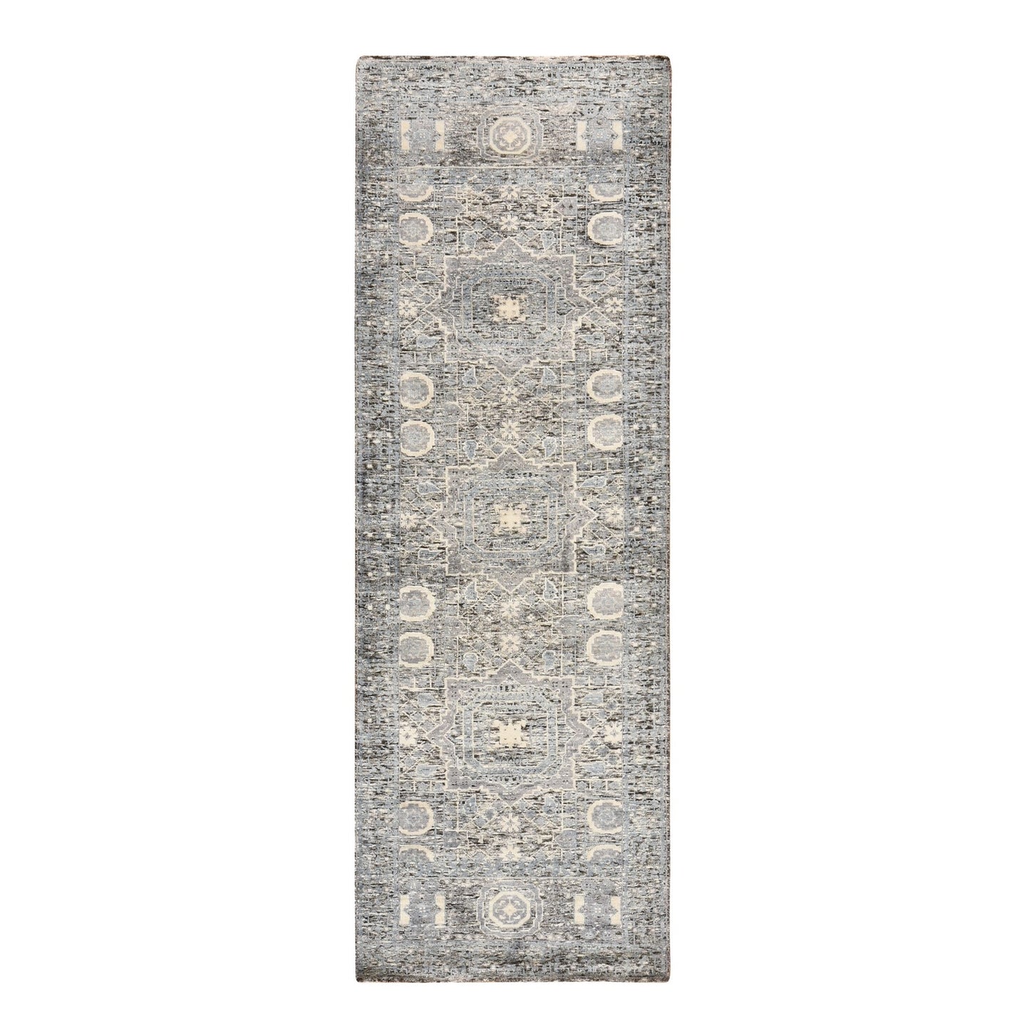 2'7"X8' Beau Blue Silken Mamluk Design Washed Out Hand Knotted Runner Rug