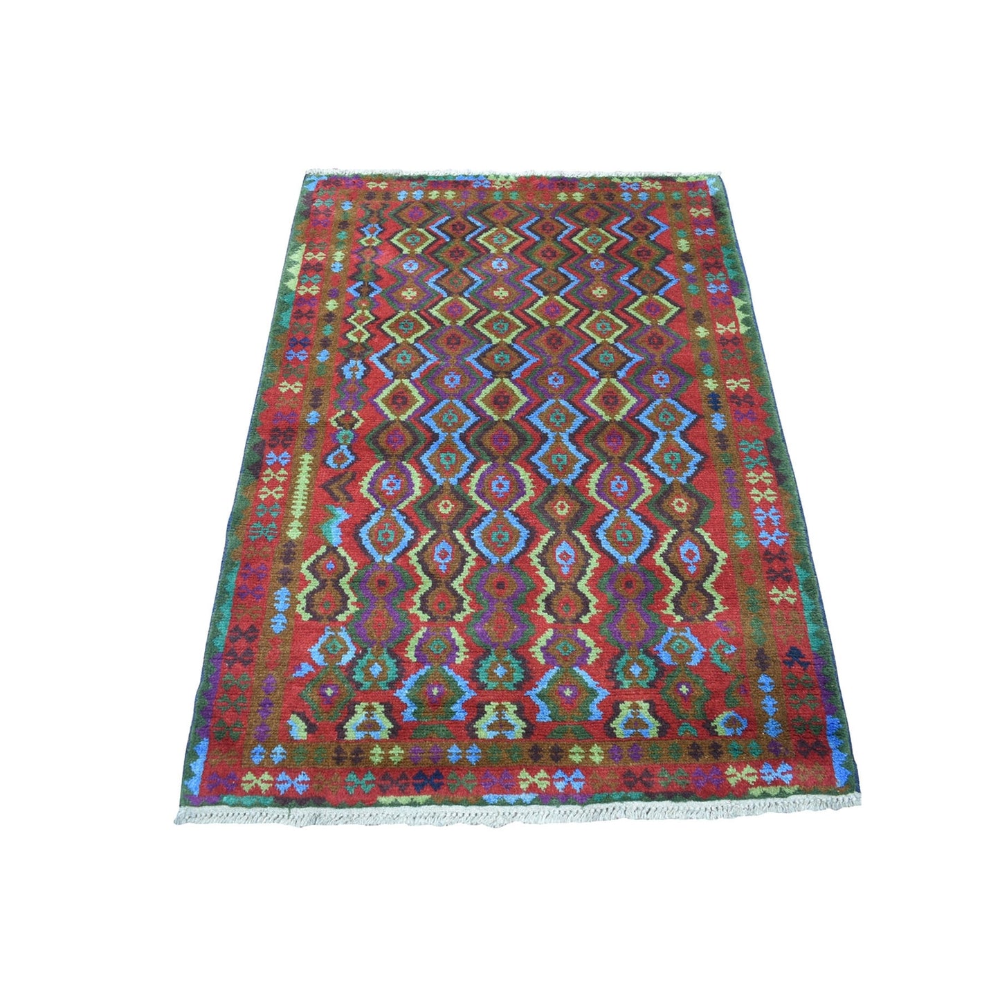 3'5"X4'8" Geometric Design Pure Wool Hand Made Colorful Afghan Tribal Rug