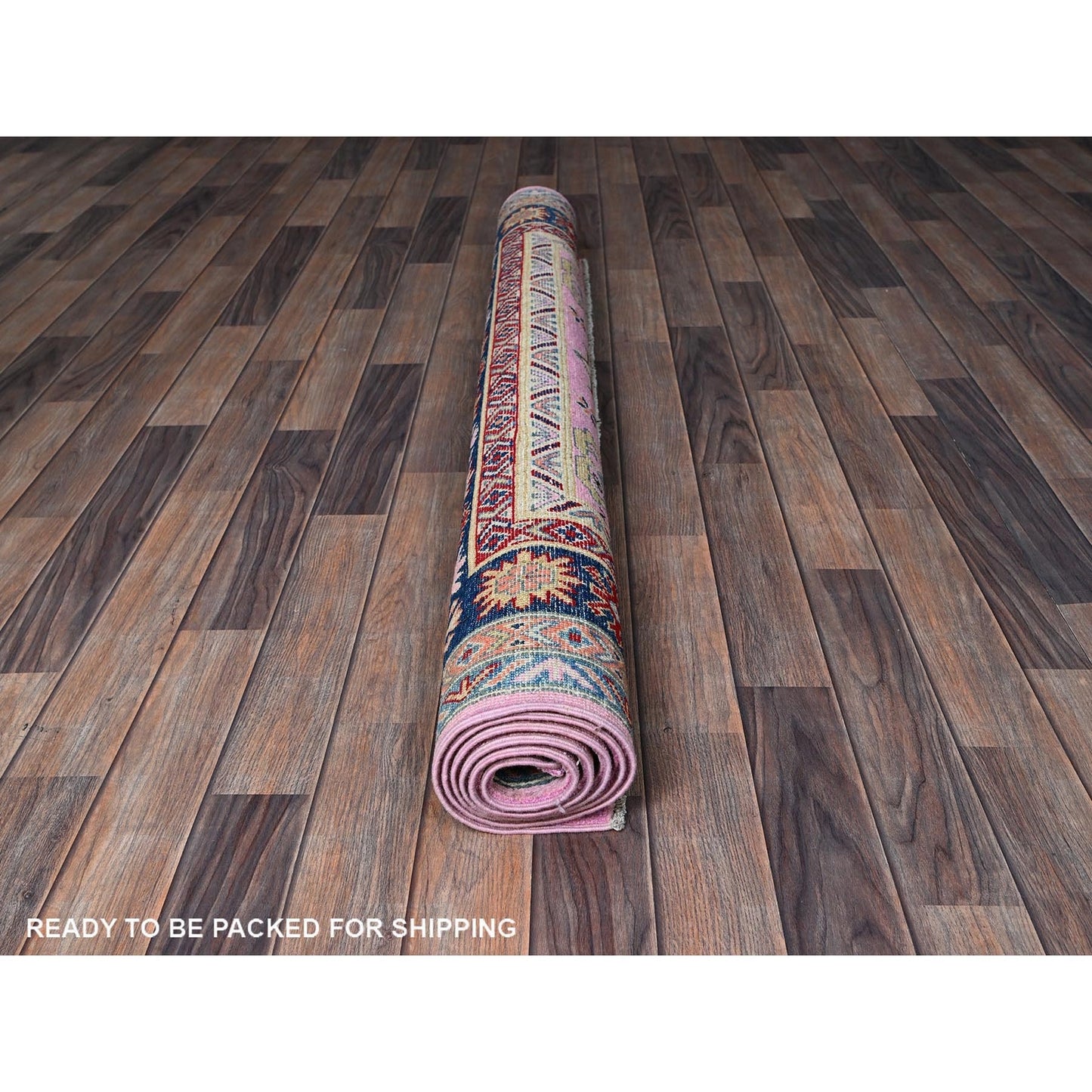 5'X6'7" Aurora Pink Kazak With Geometric Design Hand Knotted Pure Wool Rug