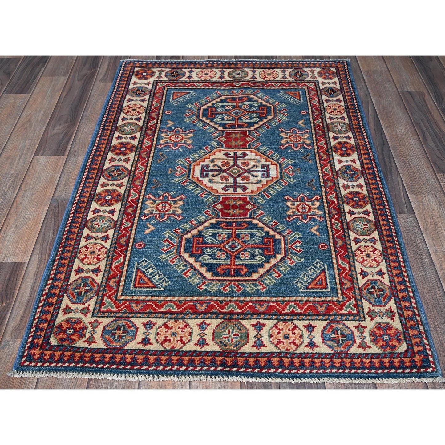 2'8"X4' Blue Kazak With Tribal Design Hand Knotted Soft Wool Sample Rug