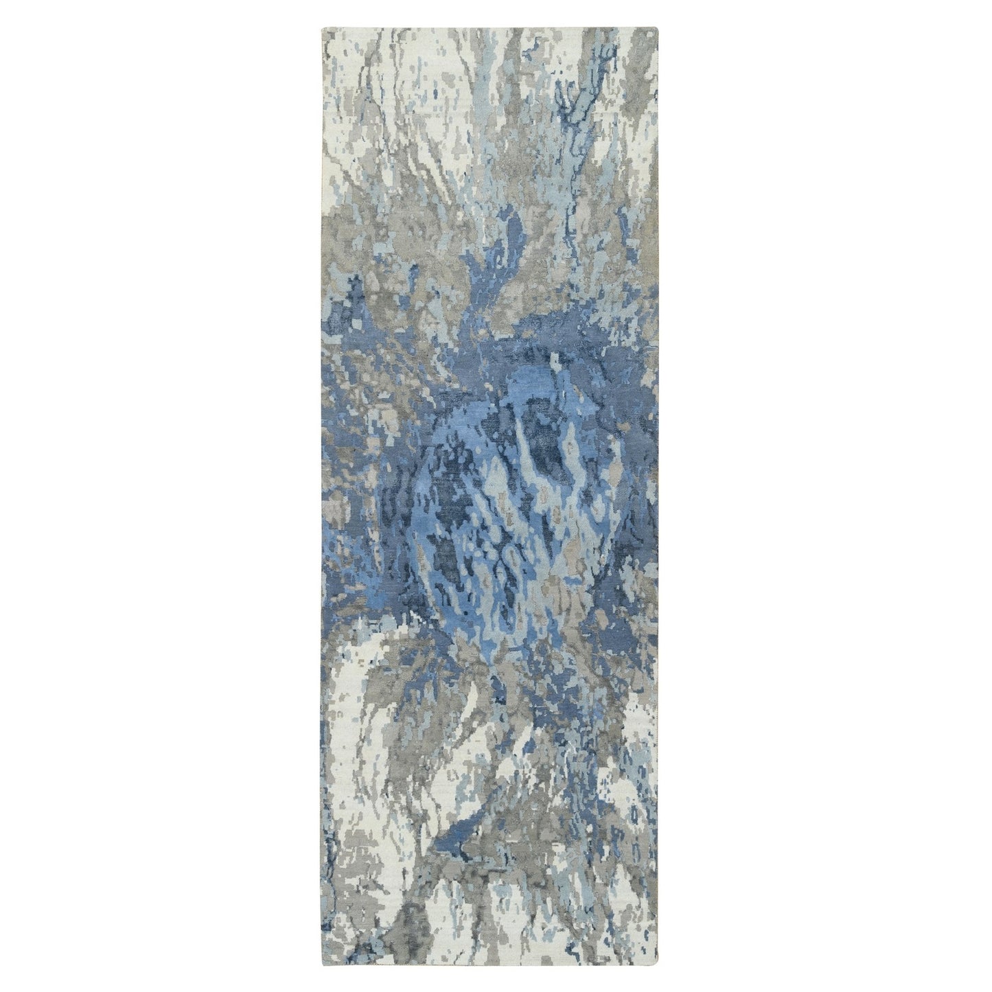 4'2"X11'9" Blue Modern Design Wool And Silk Hand Knotted Wide Runner Rug