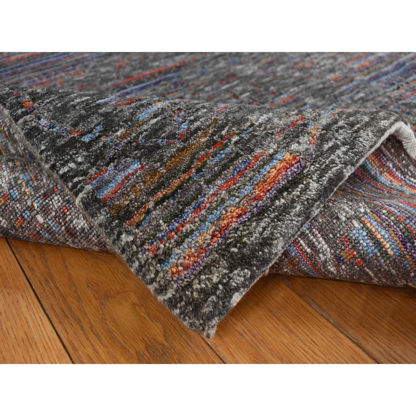 5'9"X7'10" Black Erased Design Handspun Wool And Silk Oriental Rug