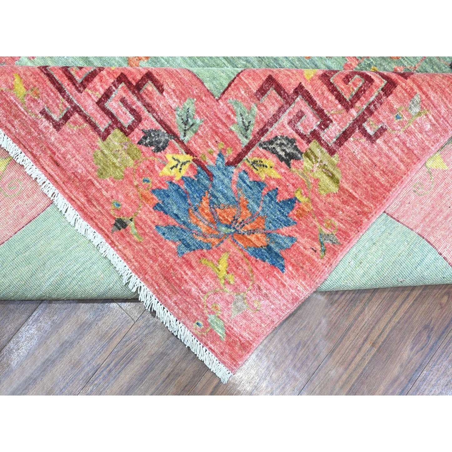 9'X11'9" Green Chinese Art Deco Revival Hand Knotted Pure Wool Rug
