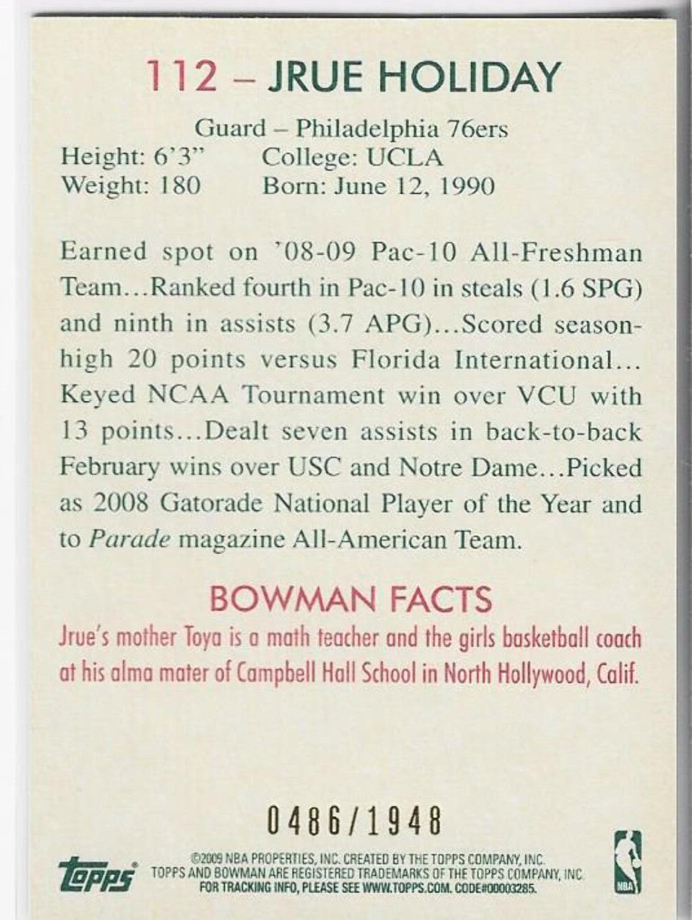 Jrue Holiday 2009 Bowman Card 486/1948