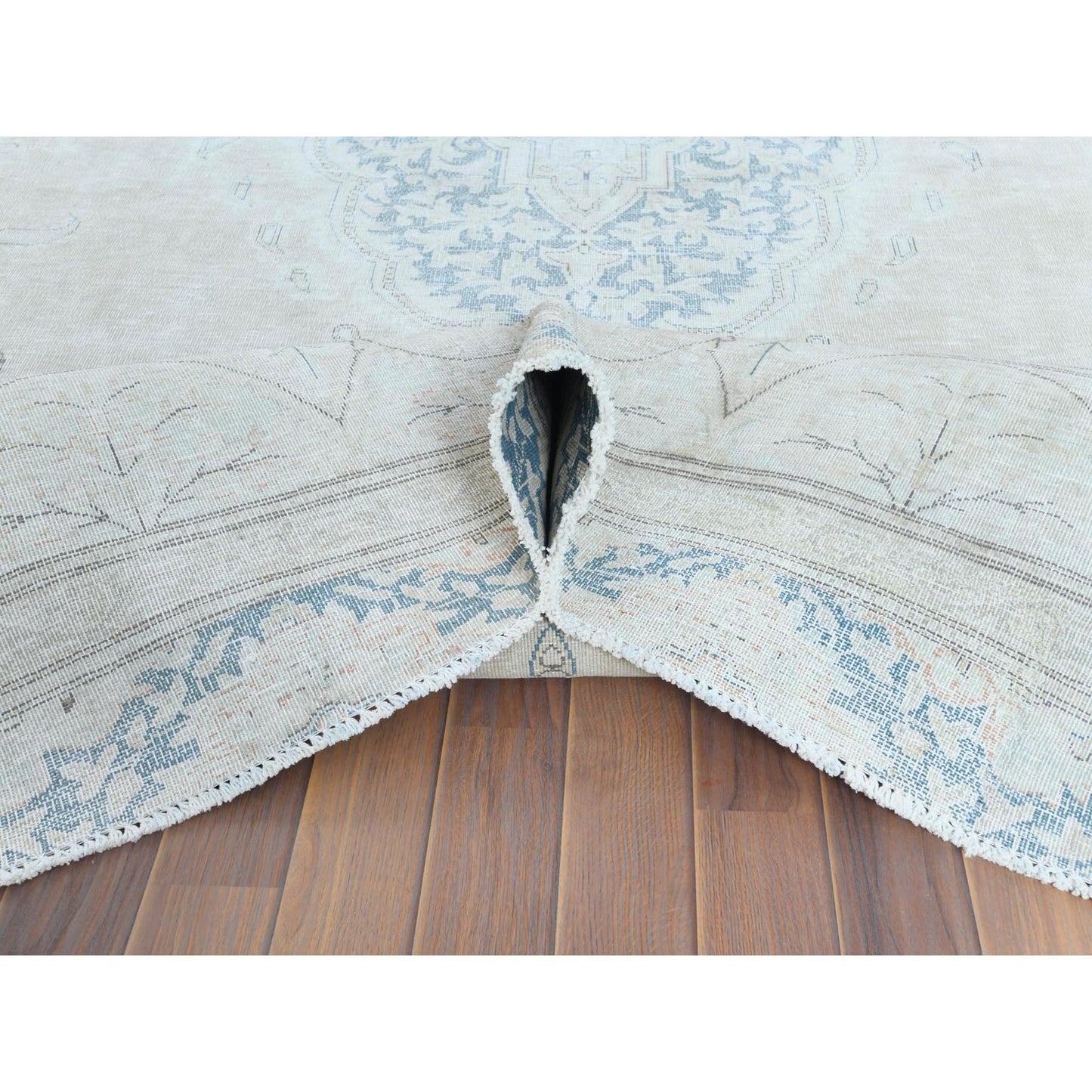 8'3"X11'1" Hand Knotted Ivory Vintage Farsian Karman Worn Wool Rug