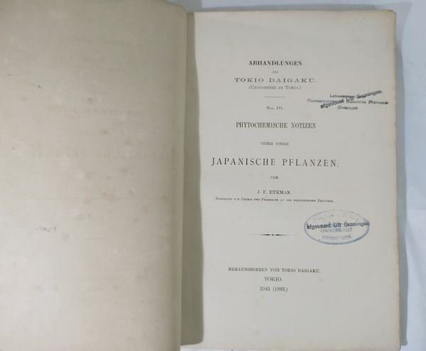 Eykman Phytochemische Notizen Japanische Pflanzen Tokyo University 1883 Rare