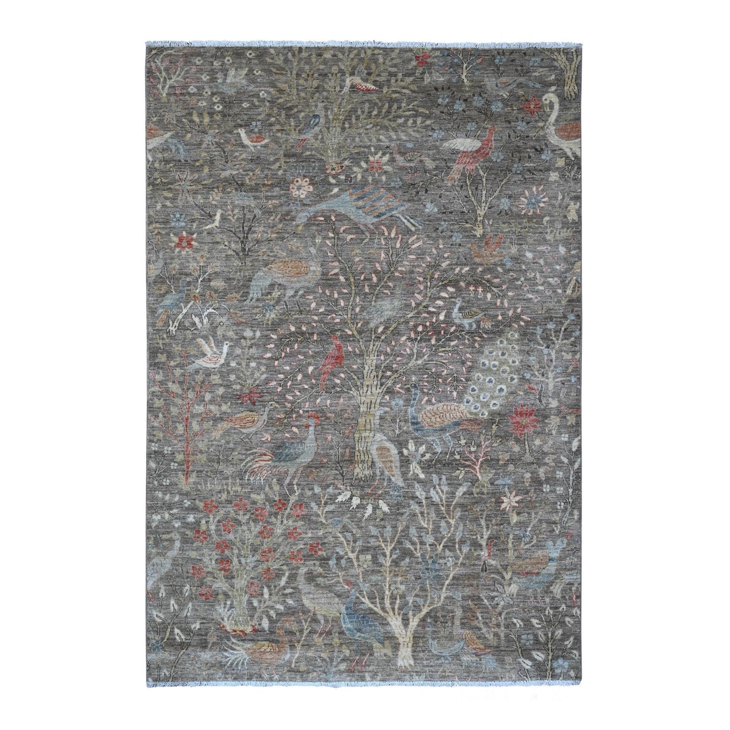 6'X8'10" Cedar Brown Hand Knotted Afghan Peshawar Birds Design Wool Rug