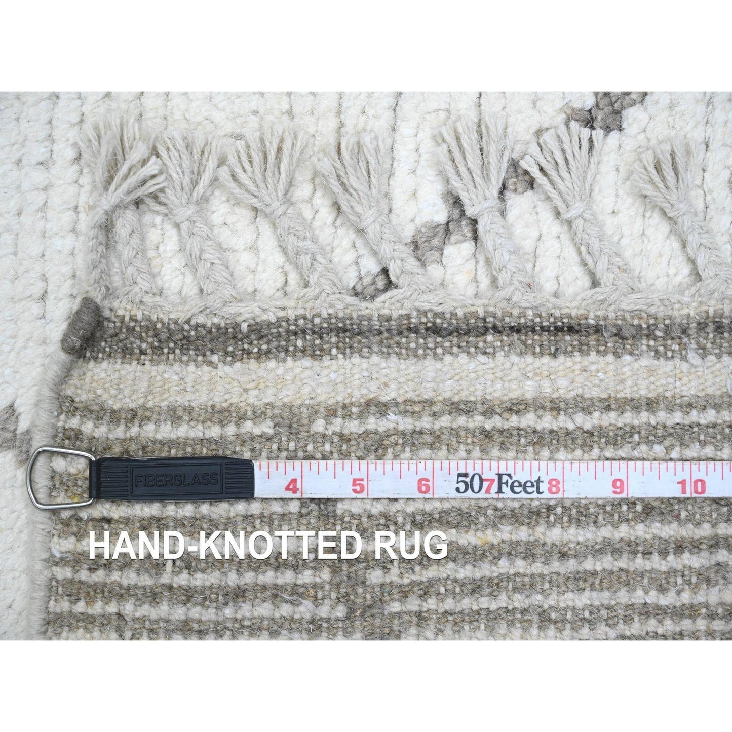 3'2"X15'4" White Moroccan Weave Line Design Hand Knotted Wool Runner Rug