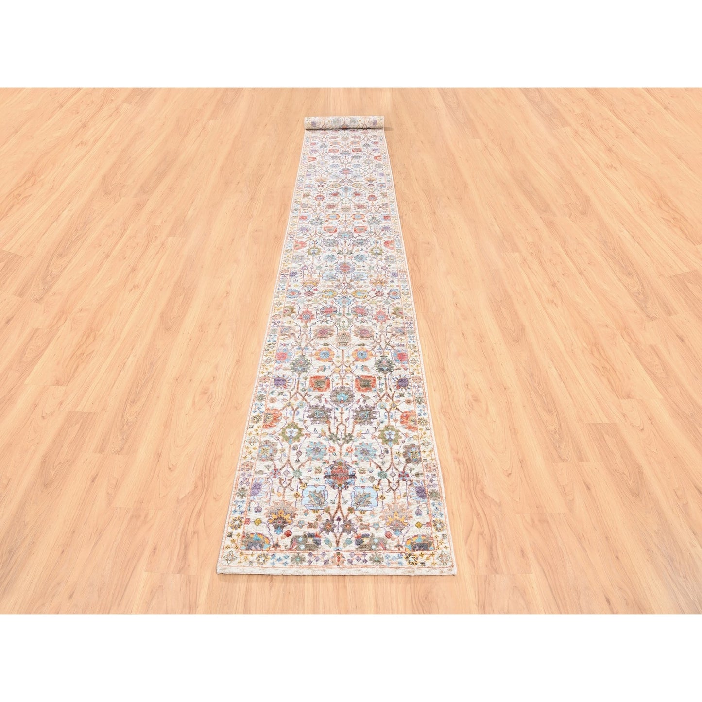 2'6"X16'1" Colorful Silk With Textured Wool Tebraz Vase Hand Knotted Rug