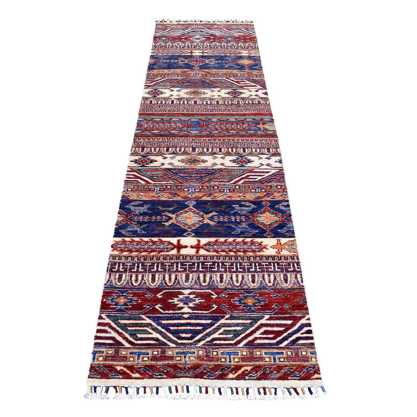 2'4"X9'1" Khorjin Design Super Kazak Tribal Pure Wool Hand Knotted Rug