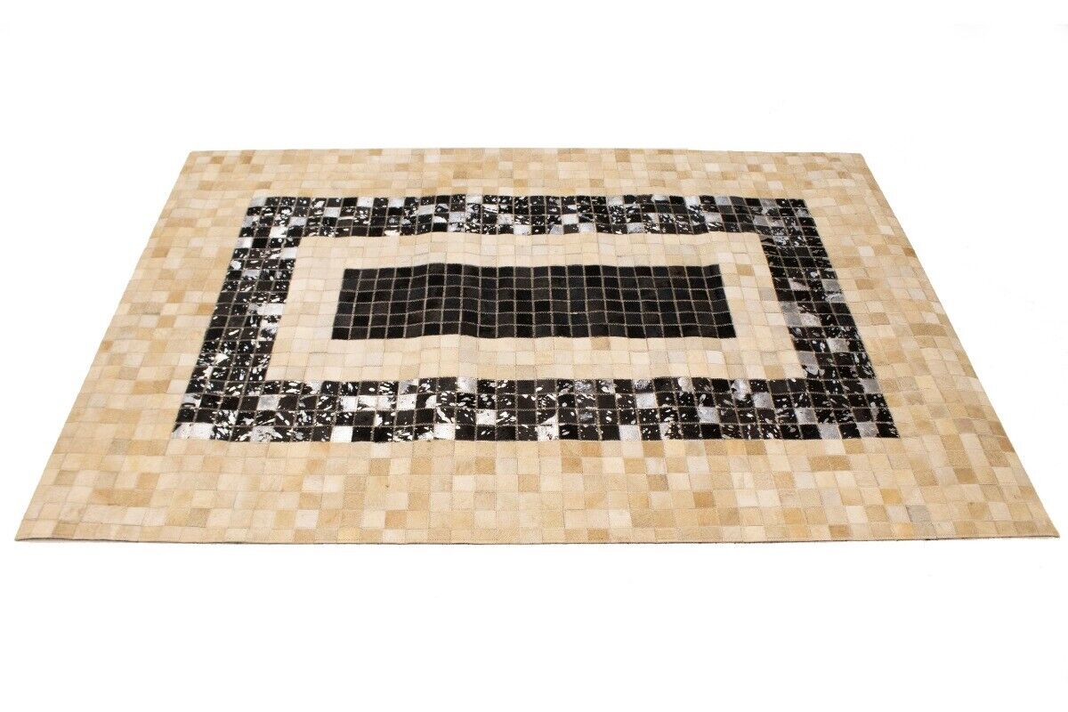 Hand-Stitched Black Beige Cowhide Leather Rug 4X6