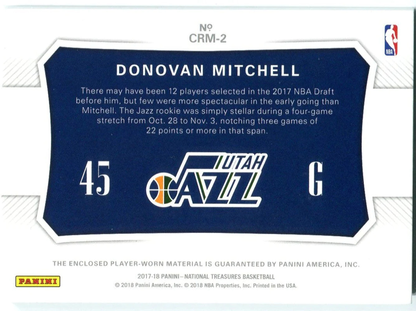 Donovan Mitchell 2017-18 Panini National Treasures Materials #Crm2 87/99 Card