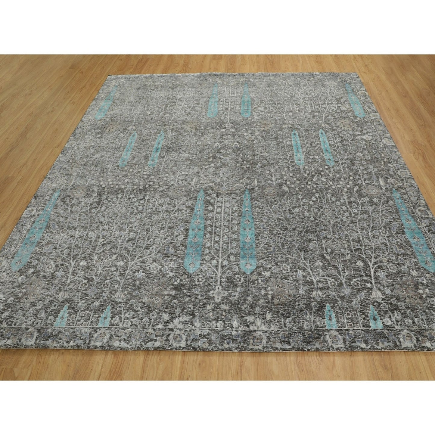 10'X10' Square Cypress Tree Design Silk Withtextured Wool Handknotted Rug