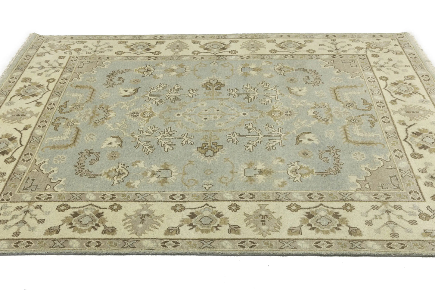 Handmade Oushak Chobi Wool Rug Light Gray Floral