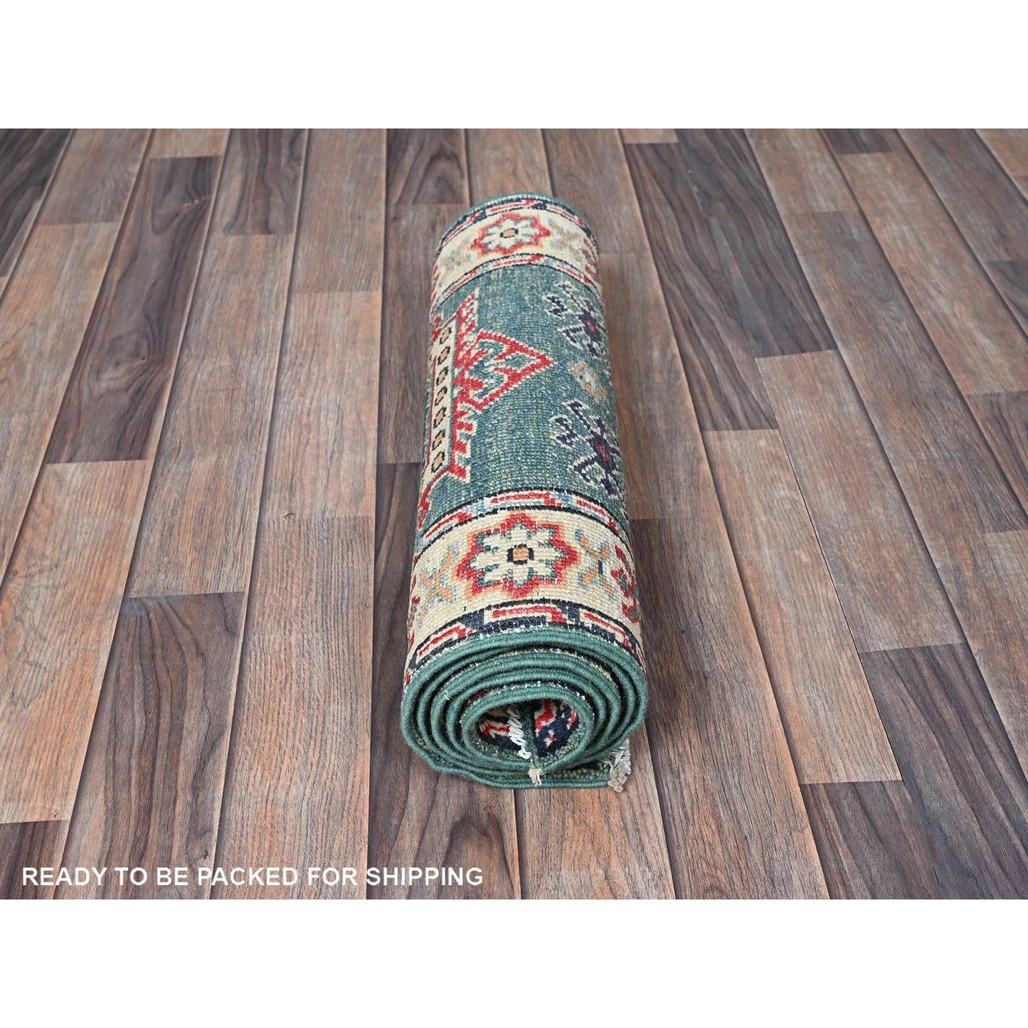 2'X5'10" Green Kazak With Geometric Design All Wool Hand Knotted Runner Rug