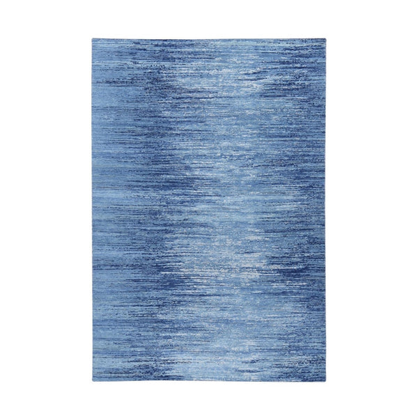 6'X8'10" Blue-Ivory Horizontal Ombre Design Pure Wool Hand Knotted Rug