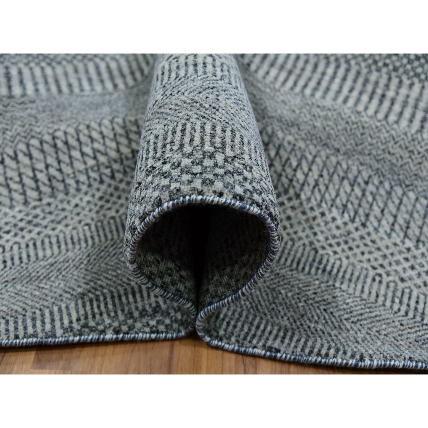 10'X10' Trout Gray Hand Knotted Modern Grass Design Undyed Wool Round Rug