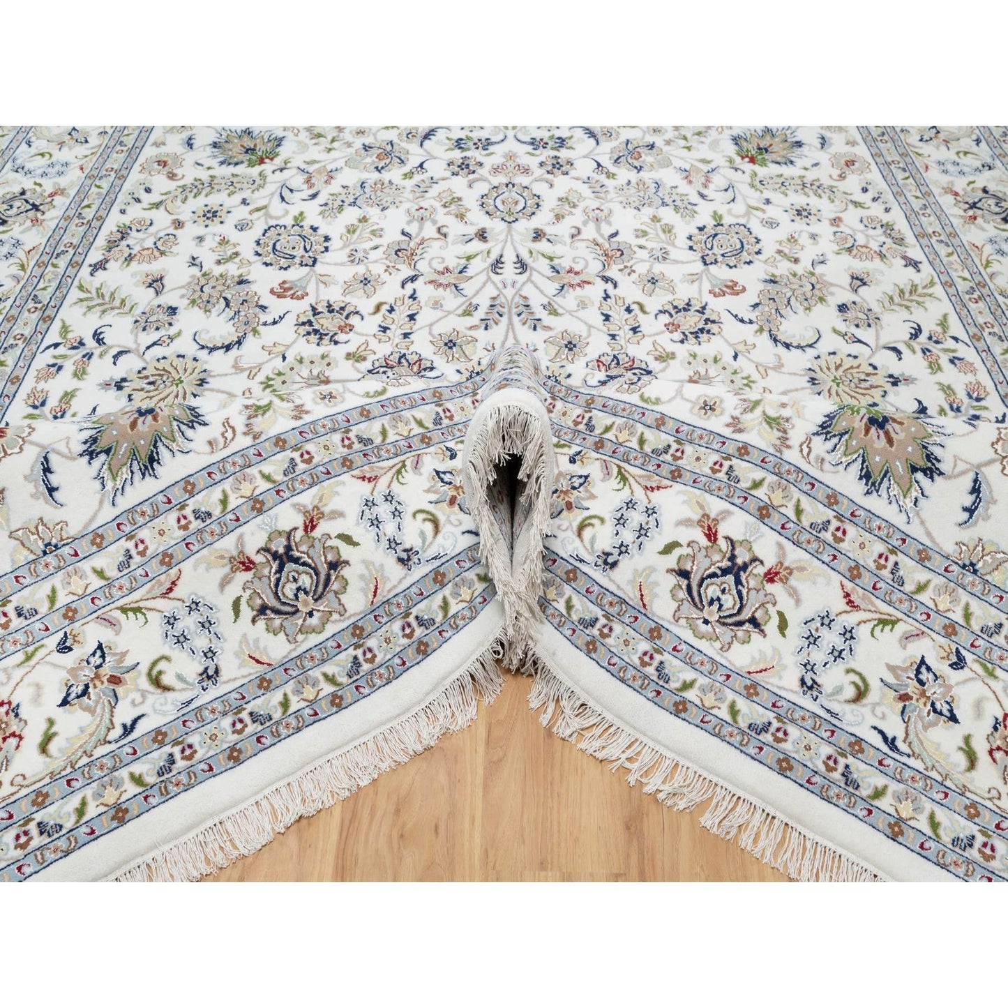 10'X10' White Wool And Silk Hand Knotted 250 Kpsi Nain Design Square Rug
