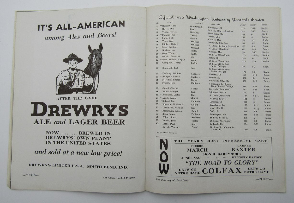 October 10, 1936 Washington U Vs. Notre Dame Ncaa