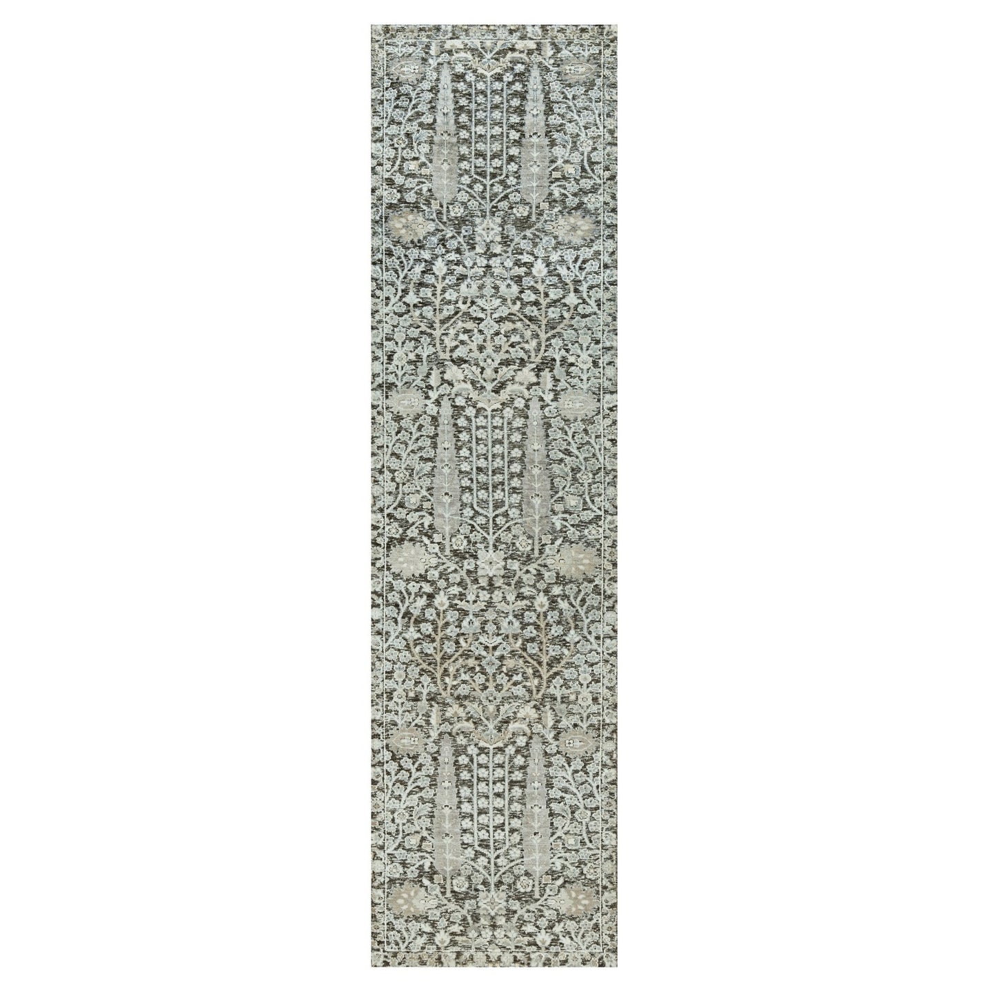2'6"X10' Gray Hand Knotted Silk And Wool Willow And Cypress Tree Rug