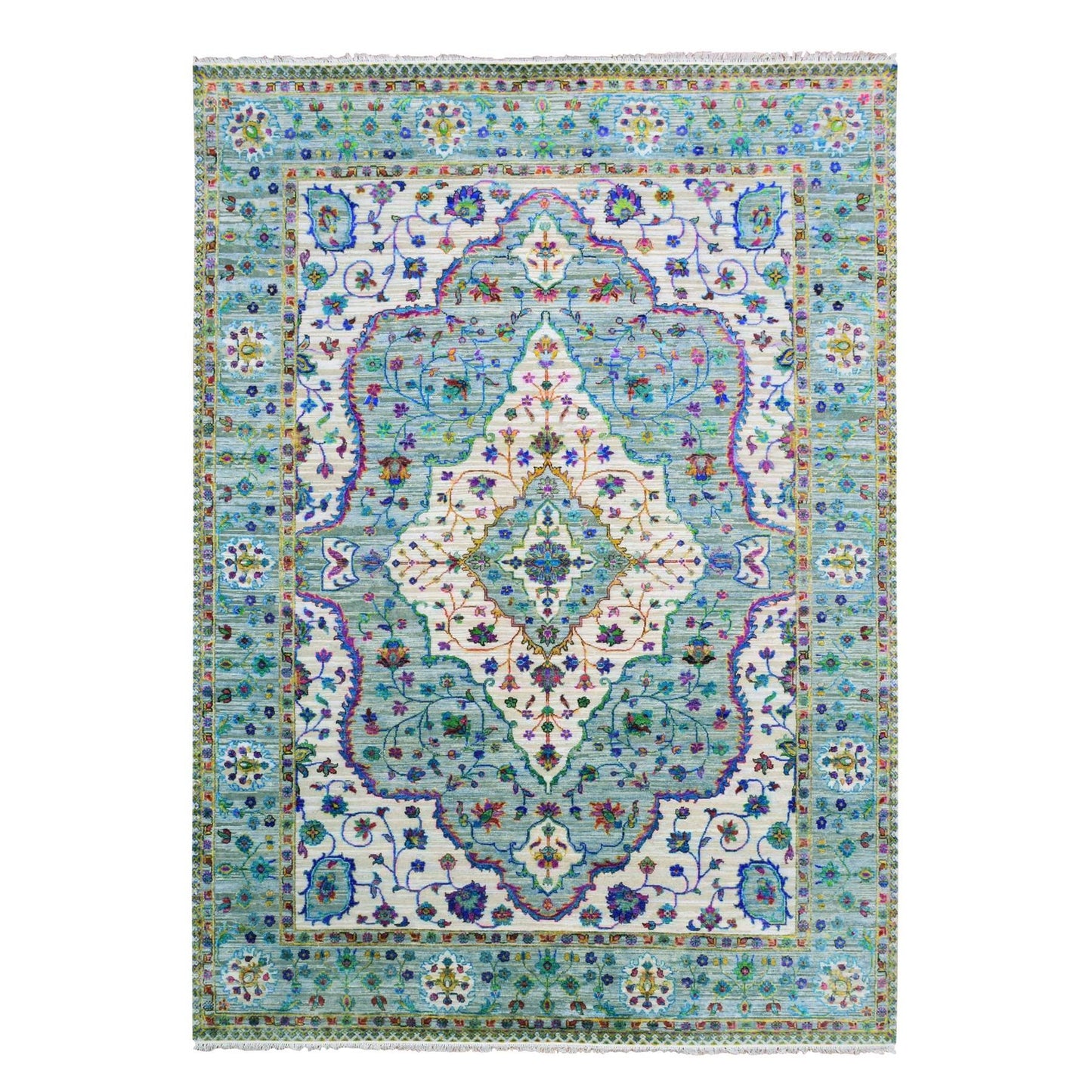 8'8"X12' Blueish Gray Medallion Design Silk With Wool Hand Knotted Rug