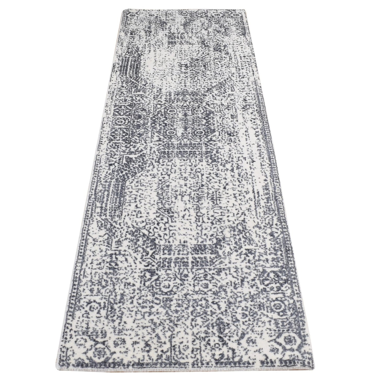 2'5"X7'9" Ivory Hand Loomed Wool And Art Silk Mamluk Design Runner Rug