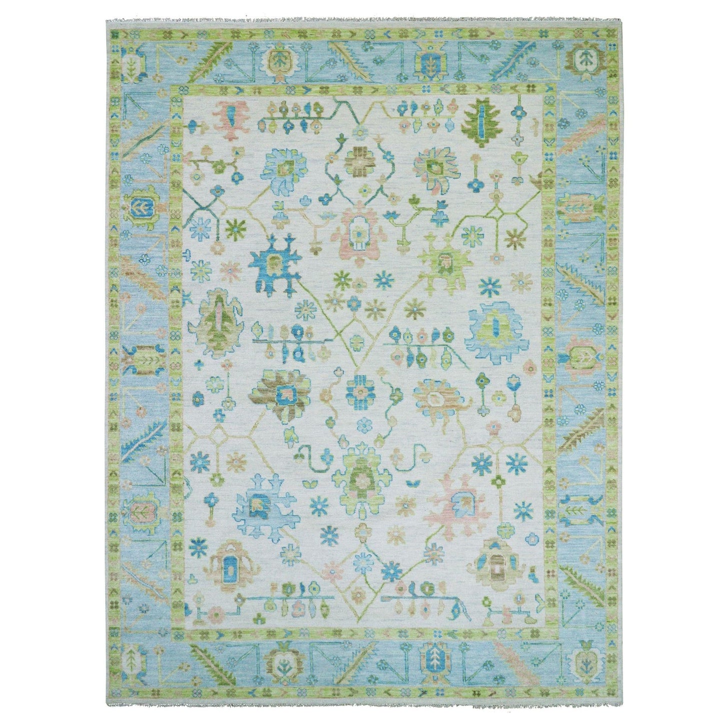 10'1"X14' Ivory Oushak Weave & Design Hand Knotted Leaf Pattern Wool Rug