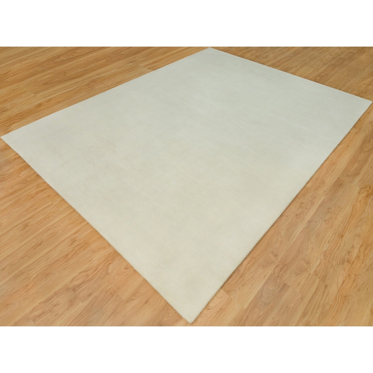 9'X12' Comfort Ivory Modern Loom Knotted Wool And Silk Plain Oriental Rug