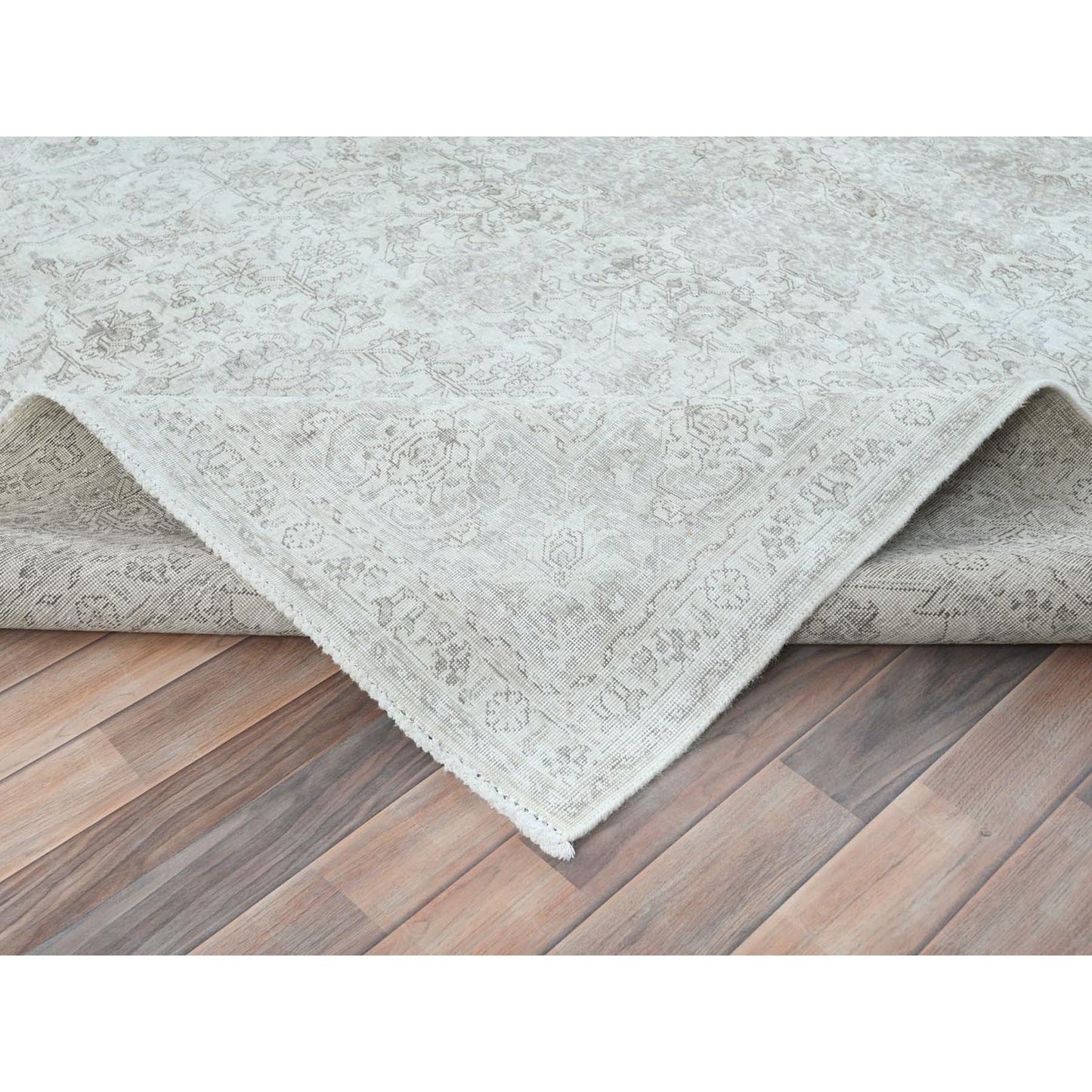8'1"X11'2" Ivory Worn Wool Hand Knotted Vintage Farsian Tebraz Rug
