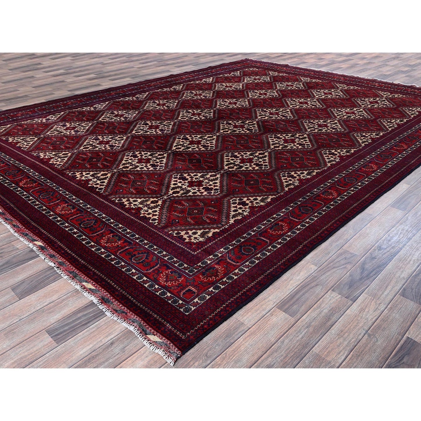 9'10"X13' Red Afghan Khamyab With Geometric Design Hand Knotted Wool Rug