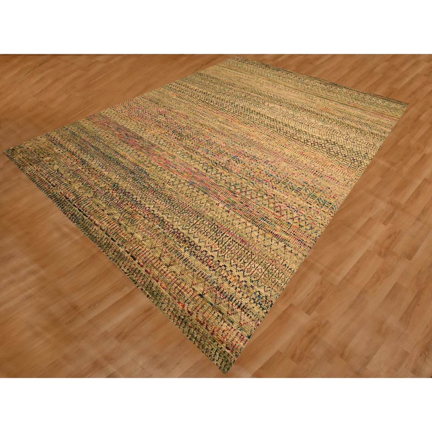 9'X12'3" Brown Sari Silk And Wool Geometric Design Hand Knotted Rug