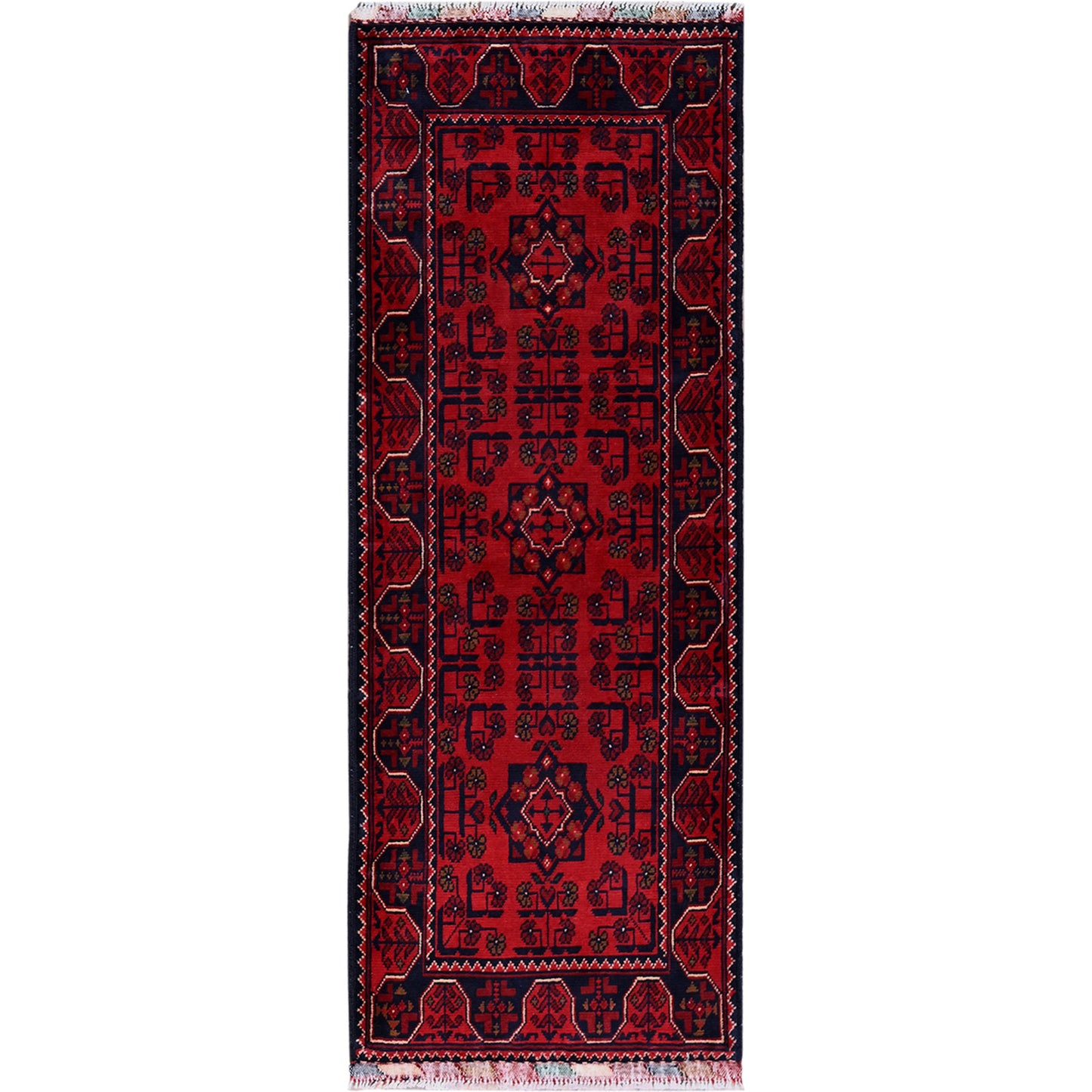 1'9"X4'10" Red Afghan Khamyab Tribal Design Hand Knotted Wool Runner Rug